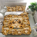 Lhasa Apso bedding set presented in a bright bedroom with matching sunflower dog pillowcases