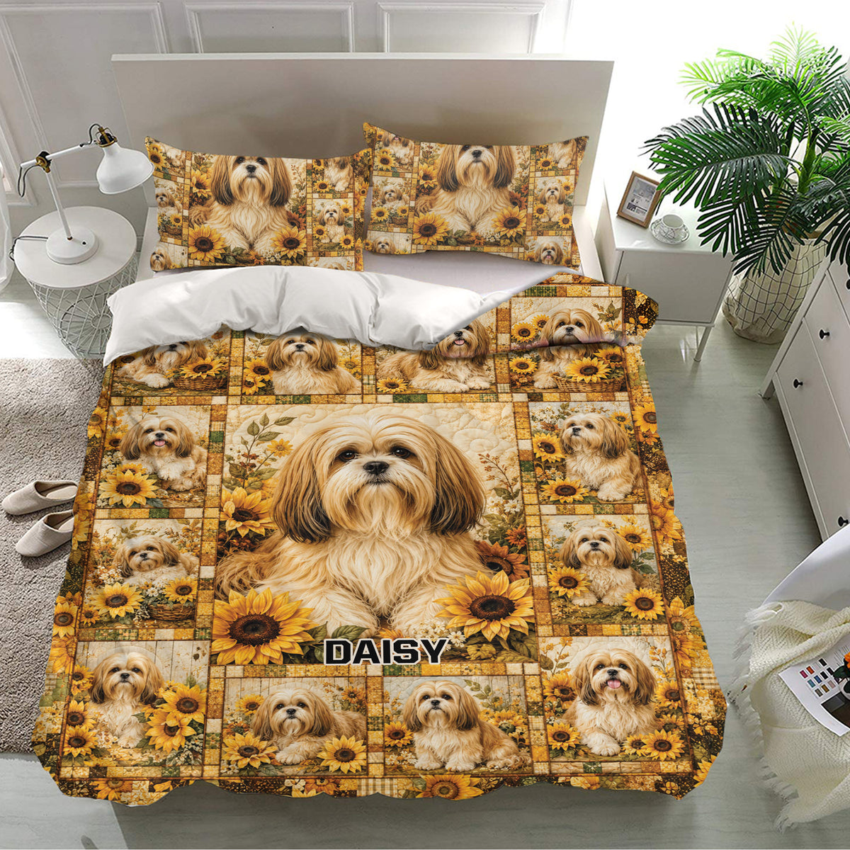 Lhasa Apso bedding set presented in a bright bedroom with matching sunflower dog pillowcases