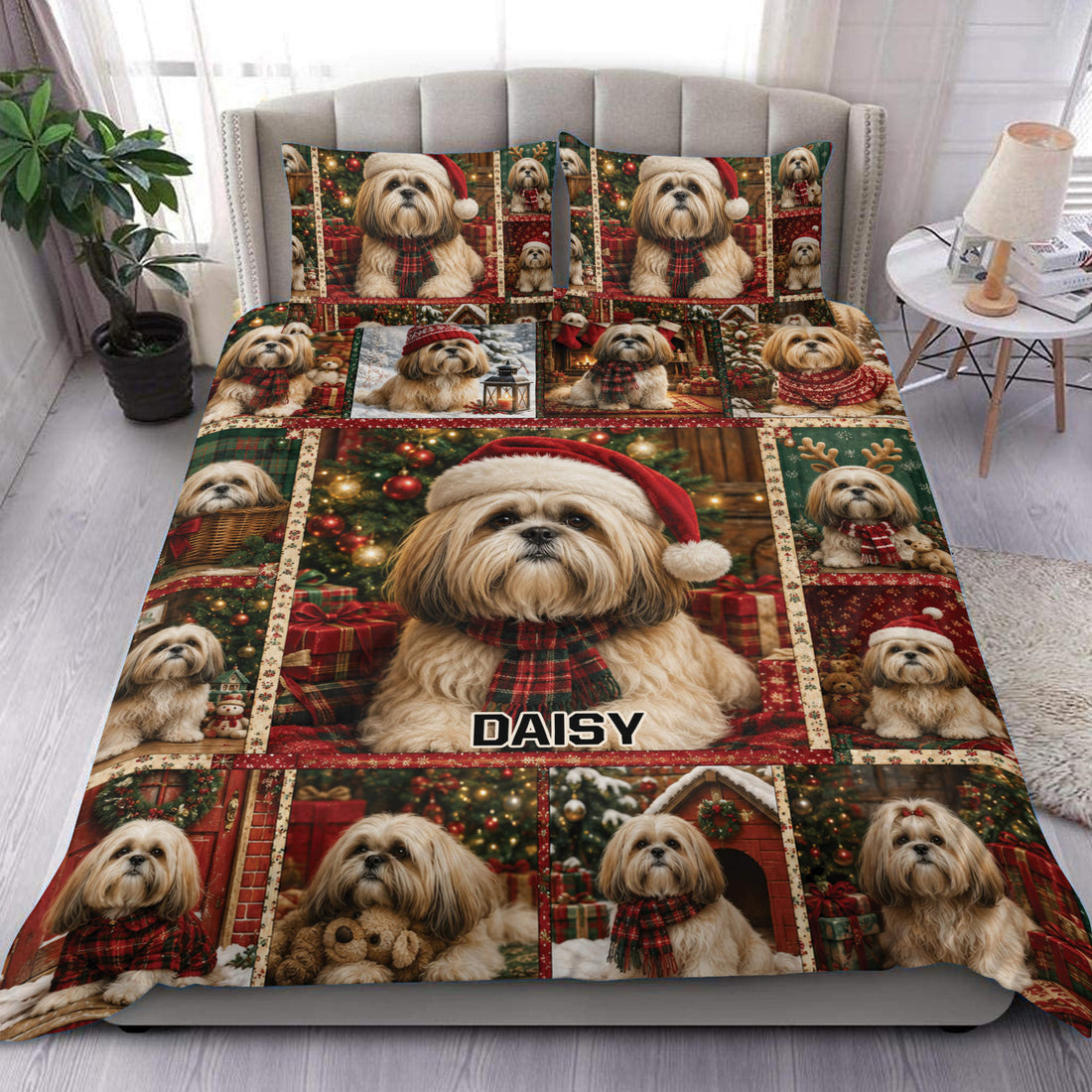 Lhasa Apso Christmas duvet cover bedding set displayed on a bedroom with matching printed pillowcases