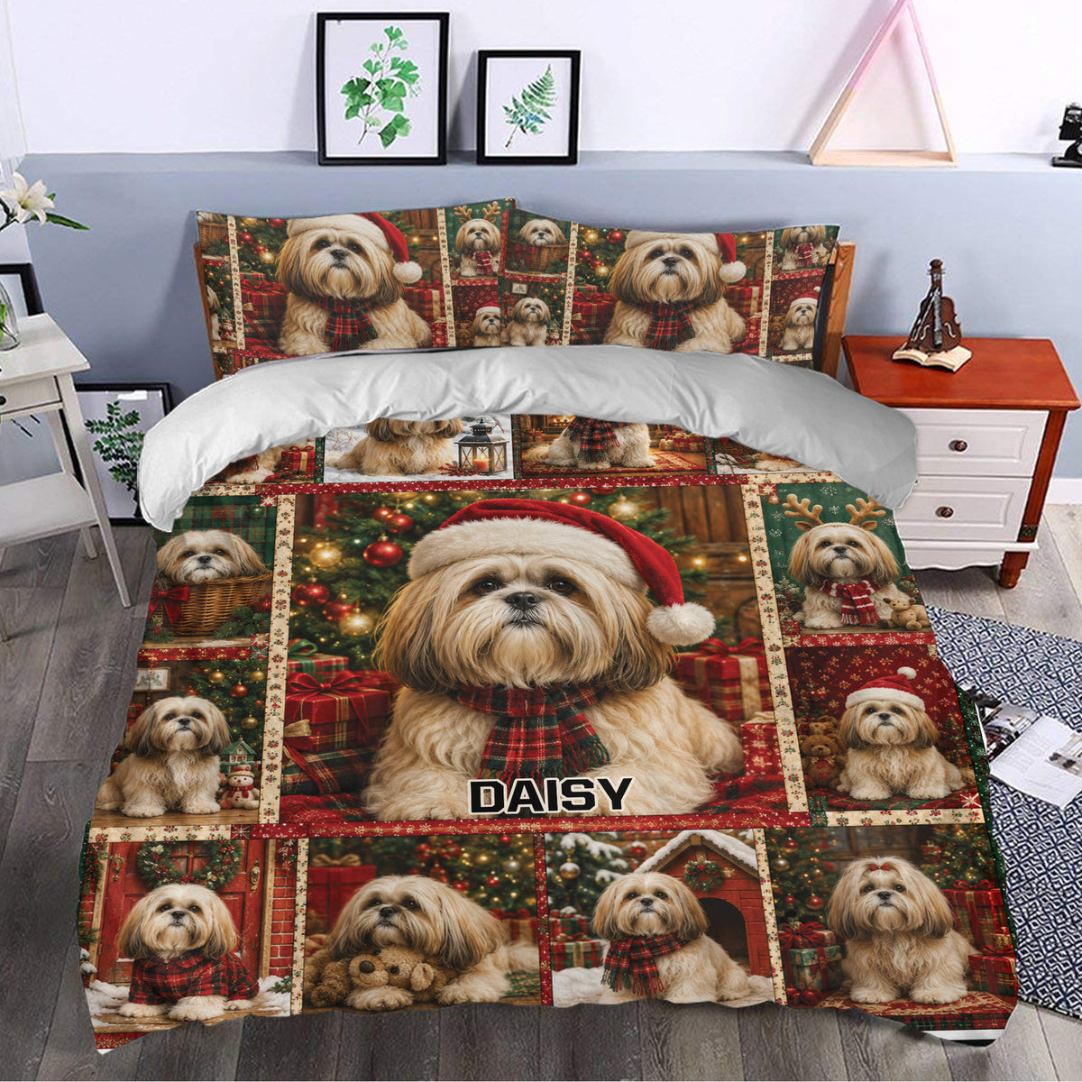 Lhasa Apso Christmas duvet cover styled in a bedroom with festive red, green and gold artwork