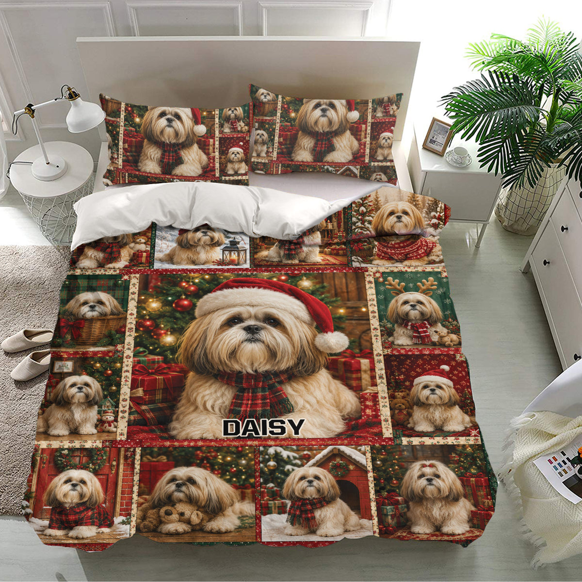 Lhasa Apso Christmas bedding set displayed in a bright bedroom with matching dog portrait panels