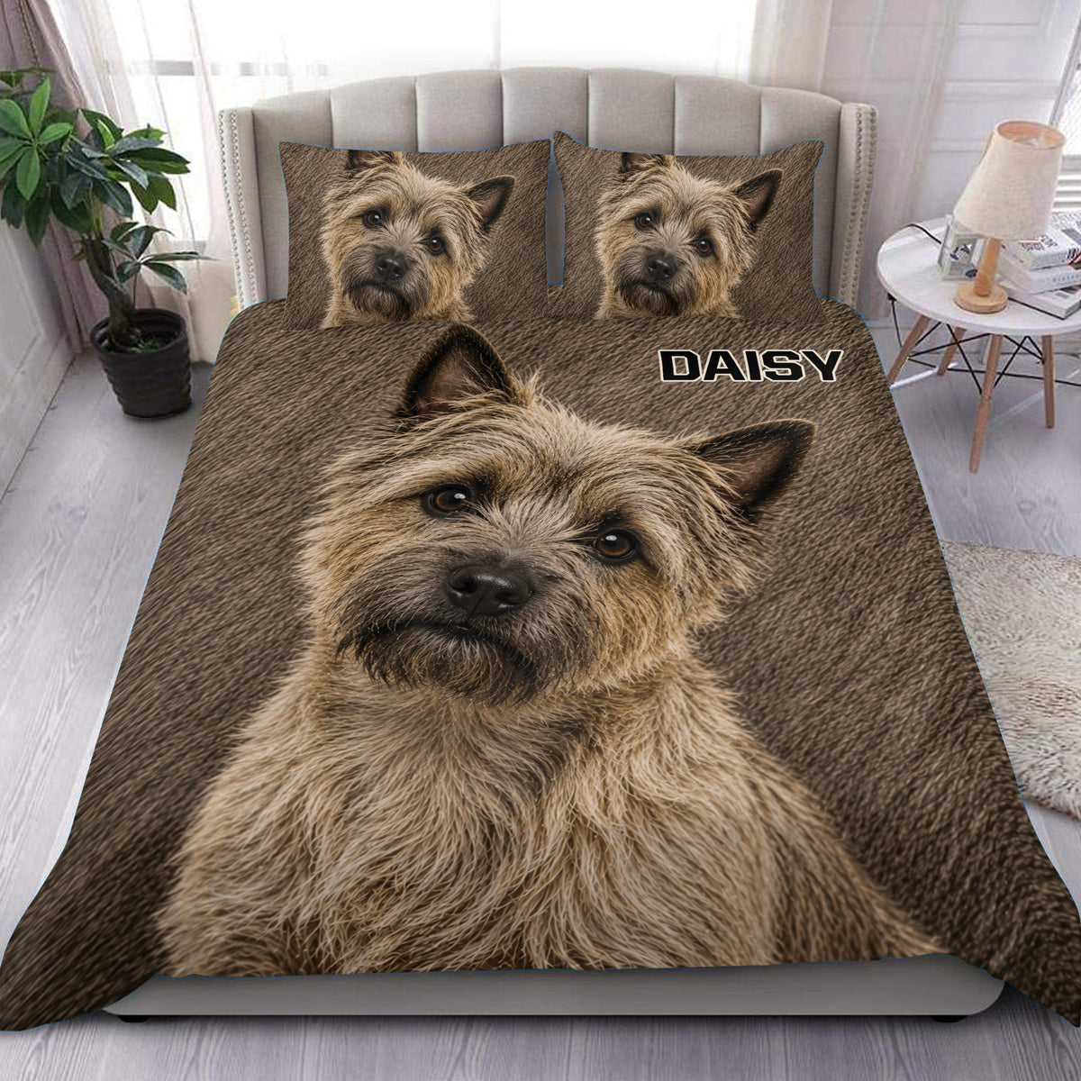 Cairn Terrier duvet cover set displayed on a bed with realistic brown terrier portraits