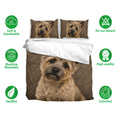 Cairn Terrier bedding set shown with matching pillowcases and soft brown dog artwork