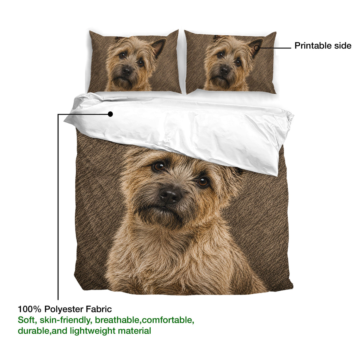 Cairn Terrier duvet cover with realistic portrait artwork and a visible printable fabric side