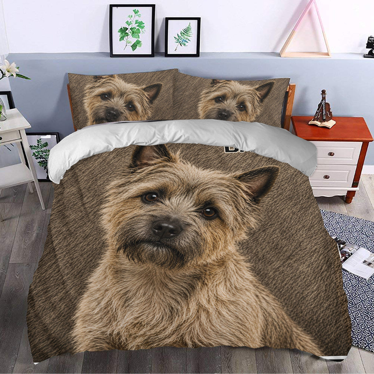 Cairn Terrier bedding styled in a bedroom with a large realistic terrier portrait
