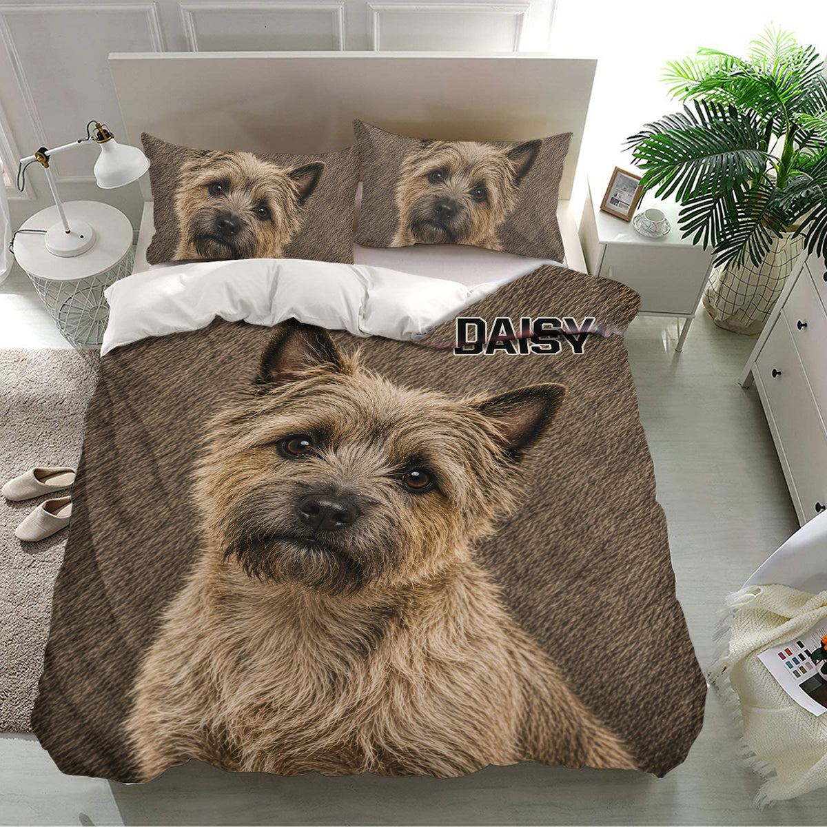 Cairn Terrier duvet cover set shown in a bright bedroom with matching portrait pillowcases