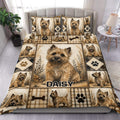 Custom Cairn Terrier duvet cover set displayed on a bed with rustic plaid, paw prints, bones, and botanical accents
