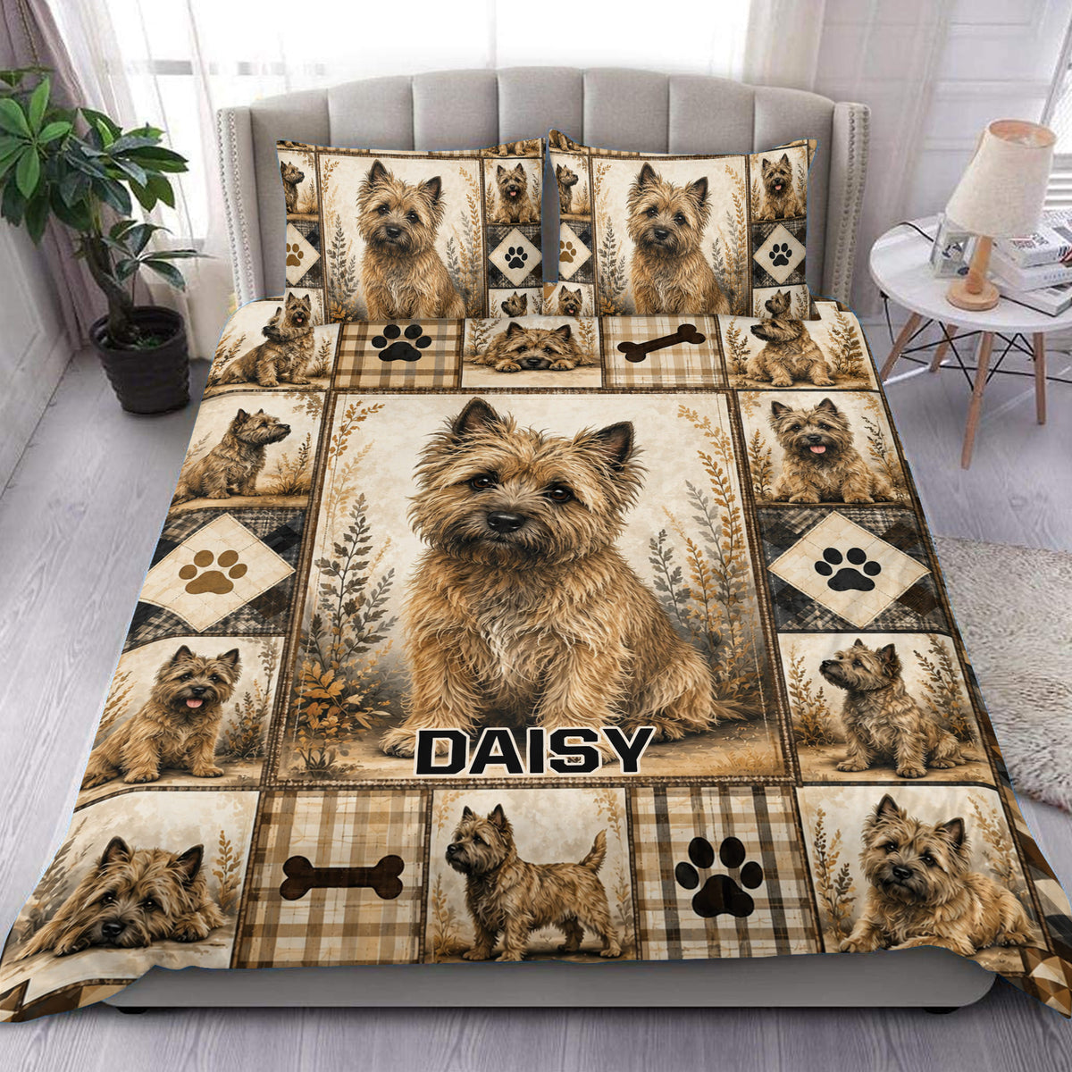 Custom Cairn Terrier duvet cover set displayed on a bed with rustic plaid, paw prints, bones, and botanical accents