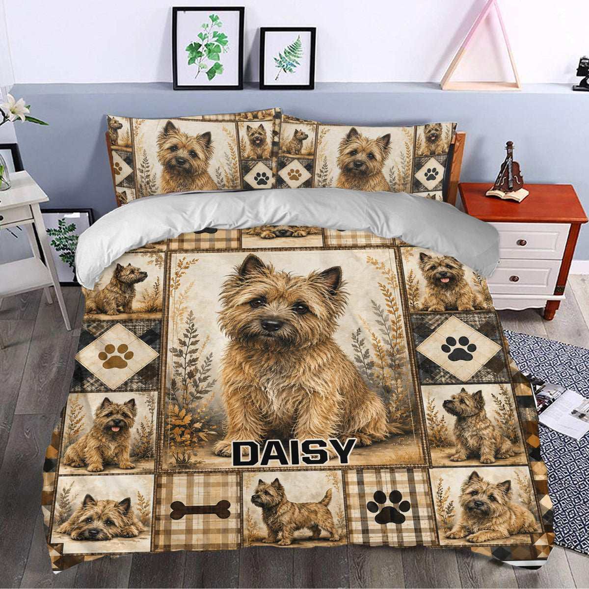 Cairn Terrier duvet cover styled in a bedroom with warm neutral tones, paw prints, plaid panels, and botanical details
