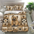 Cairn Terrier duvet cover bedding set presented in a bright bedroom with matching pillowcases and rustic dog artwork