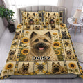 Cairn Terrier duvet cover set with sunflower artwork and a warm rustic bedroom presentation