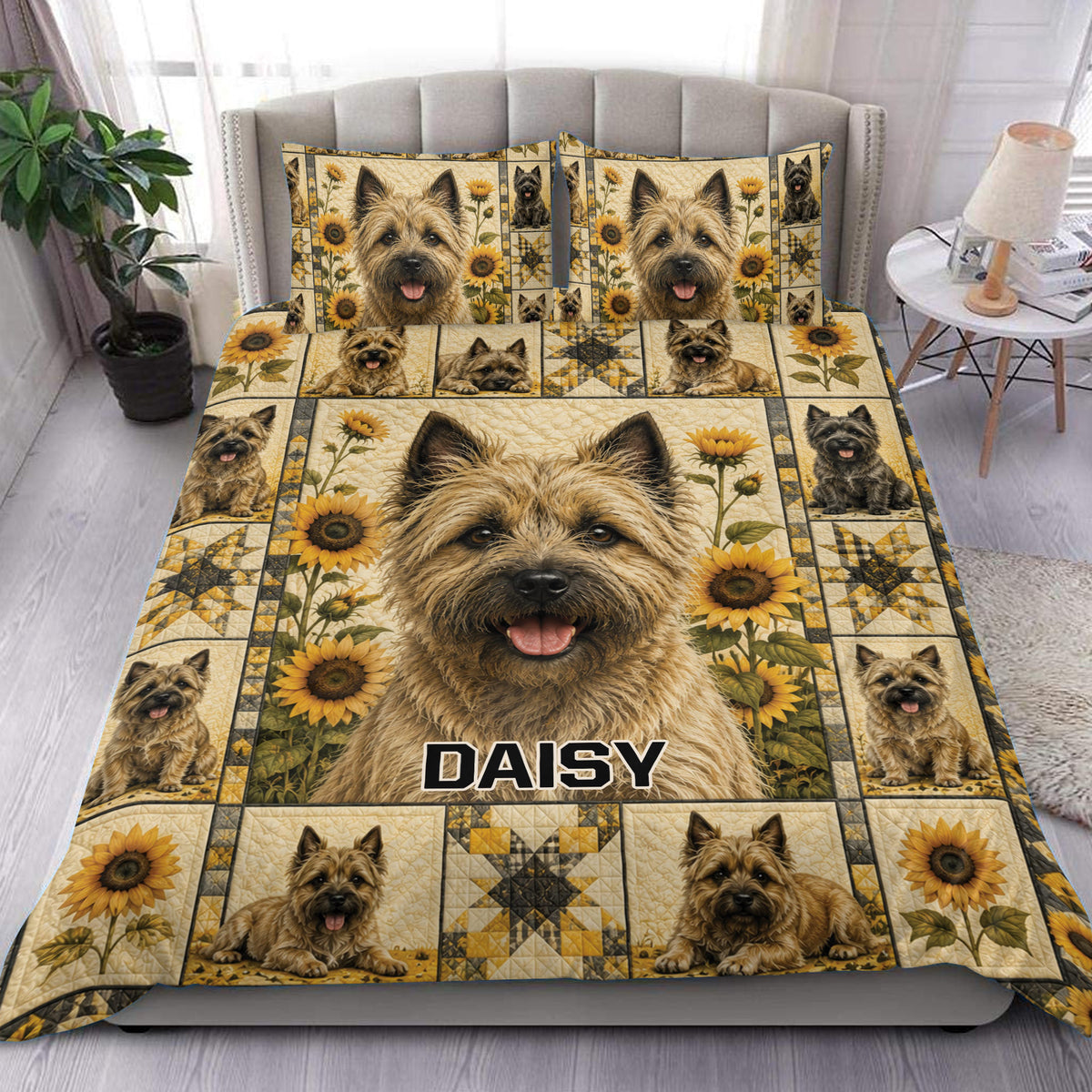 Cairn Terrier duvet cover set with sunflower artwork and a warm rustic bedroom presentation
