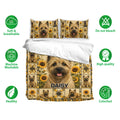 Cairn Terrier bedding set displayed with matching pillowcases, sunflower design, and soft breathable fabric icons