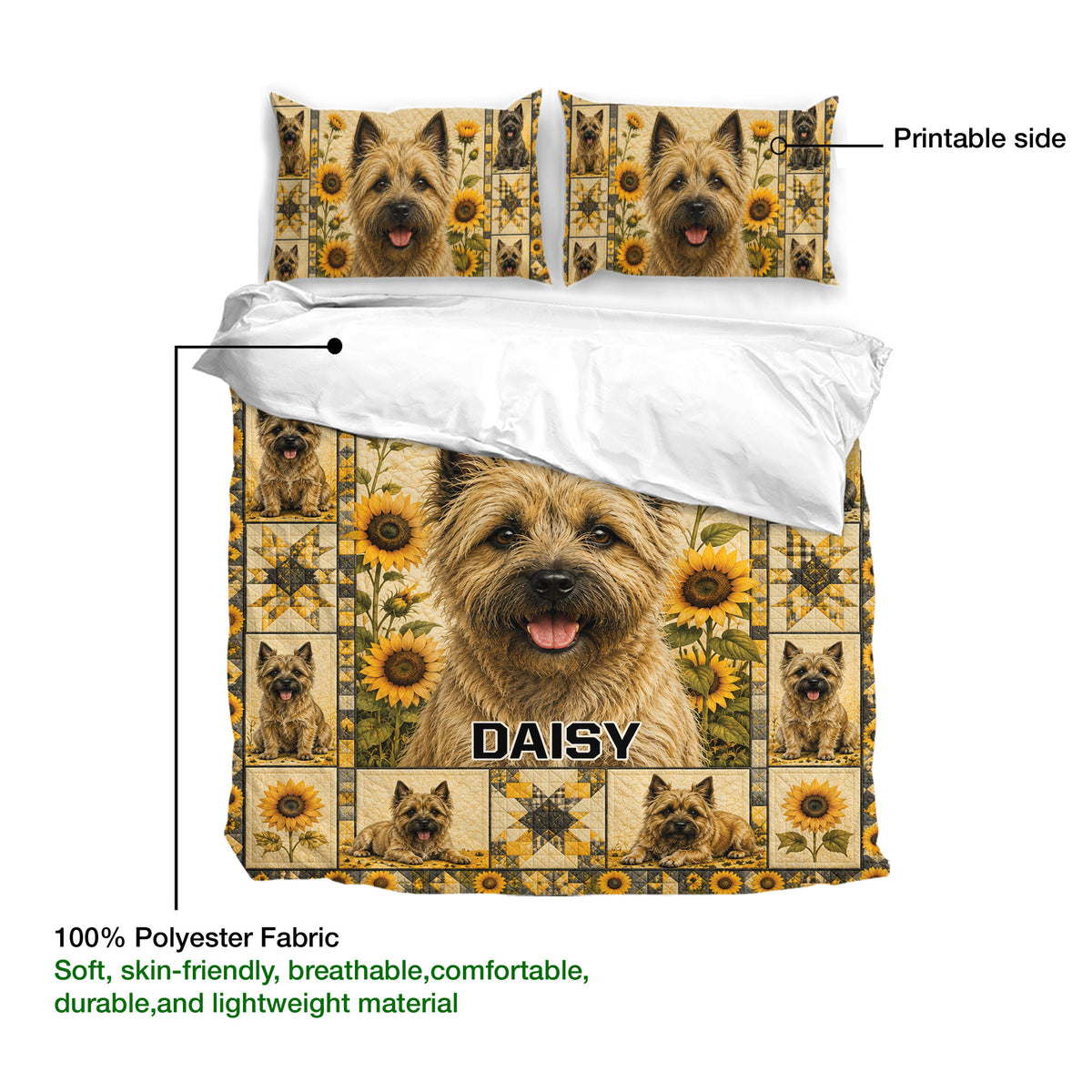 Cairn Terrier duvet cover with printable artwork, sunflower details, and 100% polyester fabric callout