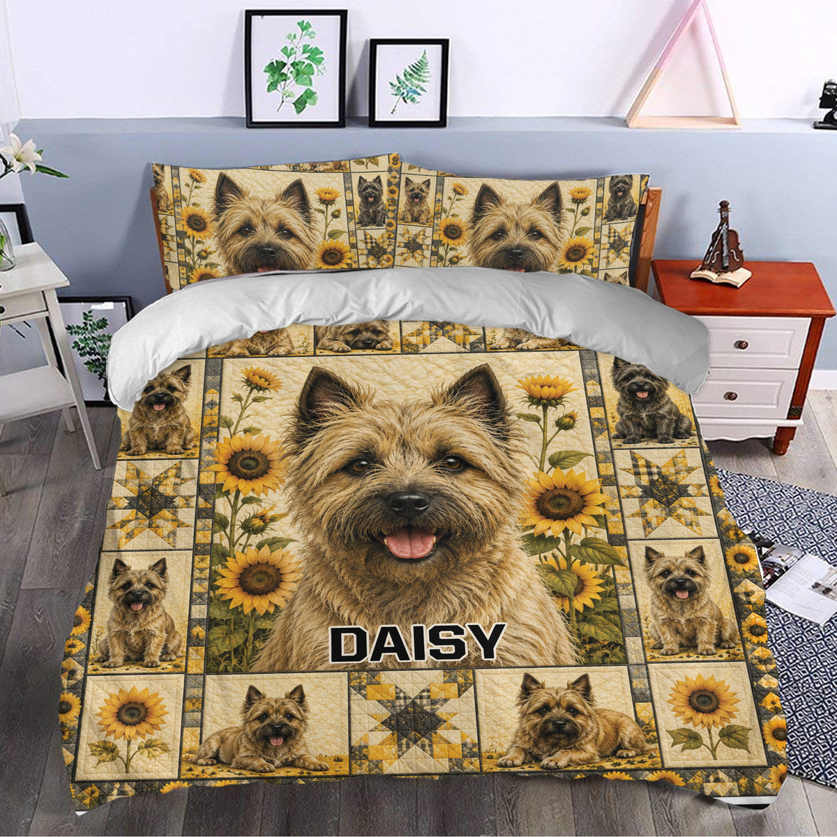 Cairn Terrier bedding set styled in a bedroom with sunflower panels and repeated dog portraits