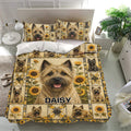Cairn Terrier duvet cover set shown in a bright bedroom with matching pillowcases and sunflower artwork