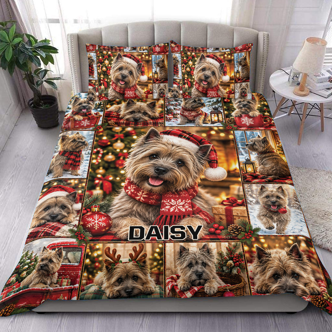 Cairn Terrier Christmas duvet cover set displayed on a bed with red scarves, ornaments, gifts, and festive scenes