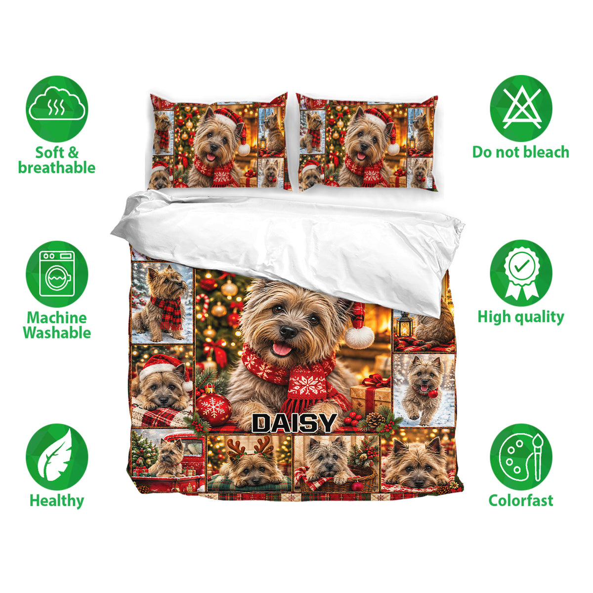 Cairn Terrier Christmas bedding set shown with matching pillowcases and soft breathable fabric feature icons