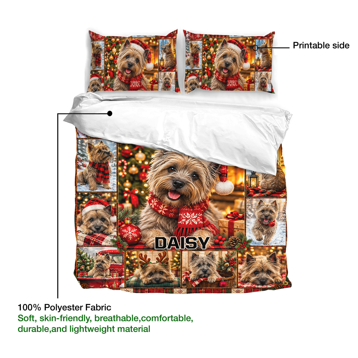 Cairn Terrier Christmas duvet cover bedding set shown with printed side and lightweight polyester fabric detail