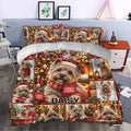 Cairn Terrier Christmas duvet cover styled in a cozy bedroom with festive red, green, and warm gold artwork
