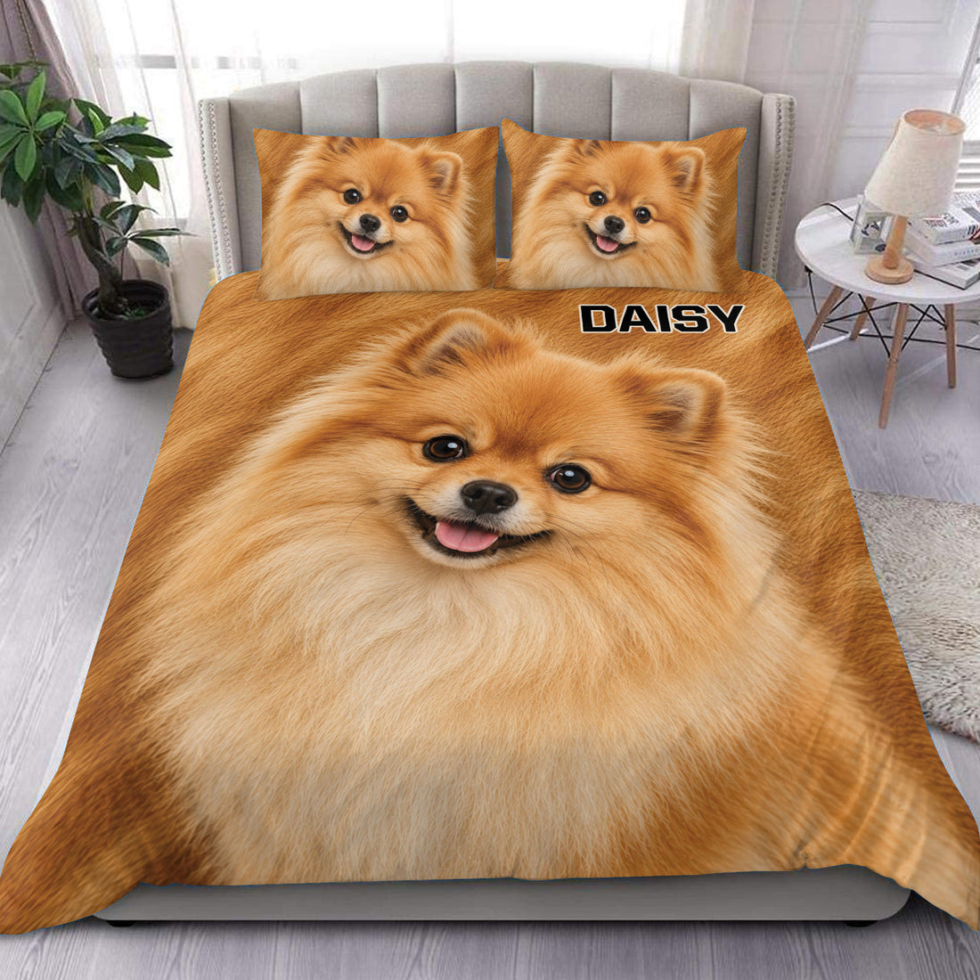 Pomeranian duvet cover set displayed on a bed with matching fluffy dog pillowcases