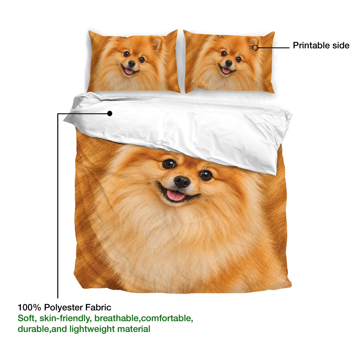 Pomeranian duvet cover set detail showing the printed side and matching dog pillowcases