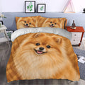 Pomeranian duvet cover bedding set styled in a modern bedroom with matching dog artwork