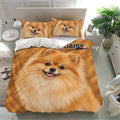 Pomeranian duvet cover set displayed in a bright bedroom with warm orange dog artwork