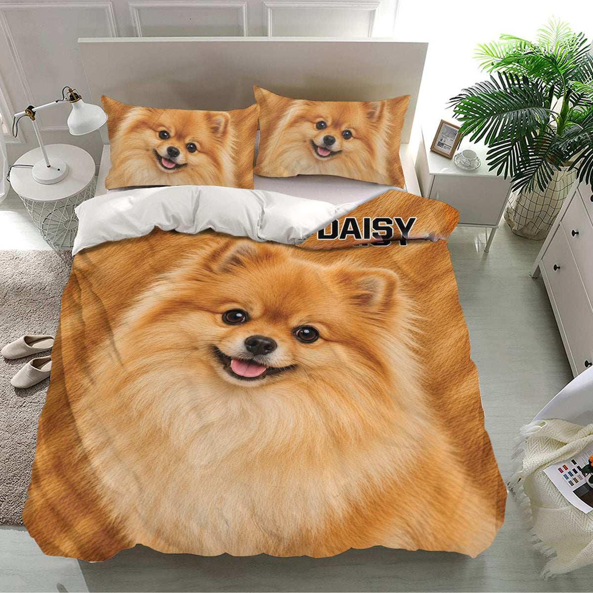 Pomeranian duvet cover set displayed in a bright bedroom with warm orange dog artwork