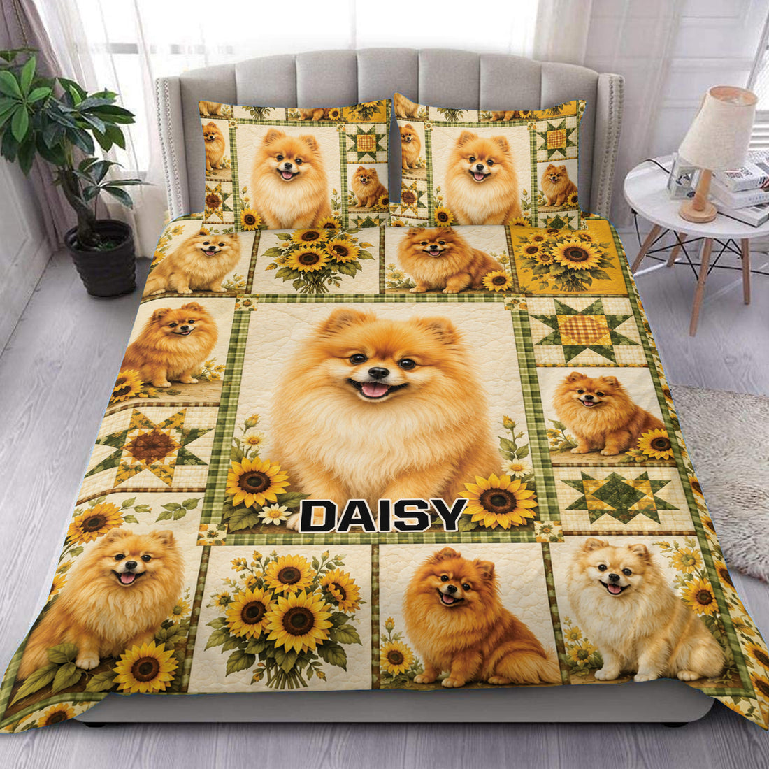 Pomeranian duvet cover set displayed on a bed with sunflower panels and playful dog artwork