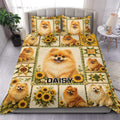 Pomeranian duvet cover set displayed on a bed with sunflower panels and playful dog artwork