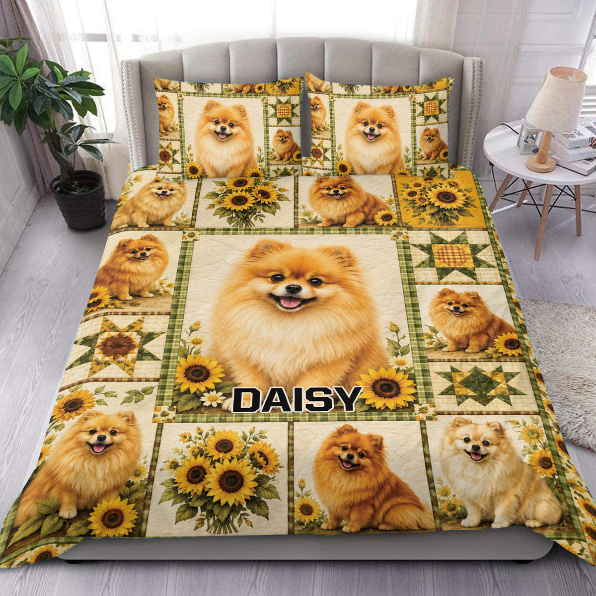 Pomeranian duvet cover set displayed on a bed with sunflower panels and playful dog artwork
