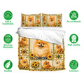 Pomeranian duvet cover bedding set shown with matching pillowcases and product feature icons