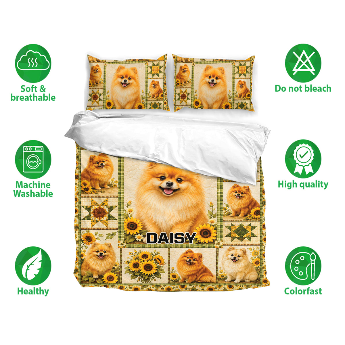 Pomeranian duvet cover bedding set shown with matching pillowcases and product feature icons