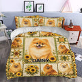 Pomeranian duvet cover with sunflower artwork styled in a bright bedroom setting