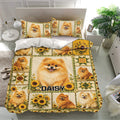 Pomeranian bedding set displayed in a modern bedroom with matching dog and sunflower designs