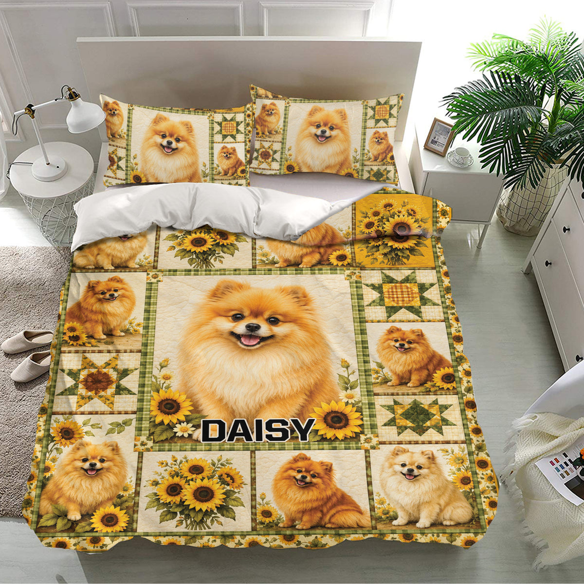 Pomeranian bedding set displayed in a modern bedroom with matching dog and sunflower designs