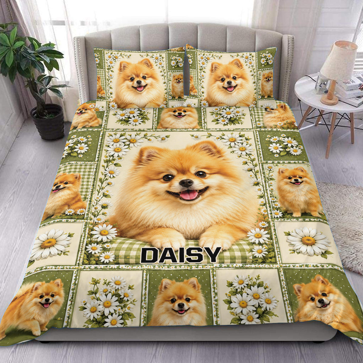 Pomeranian duvet cover set displayed on a bed with green floral panels, daisies, and cheerful dog portraits