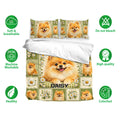 Pomeranian bedding set shown with matching pillowcases, daisy artwork, green accents, and soft breathable fabric icons