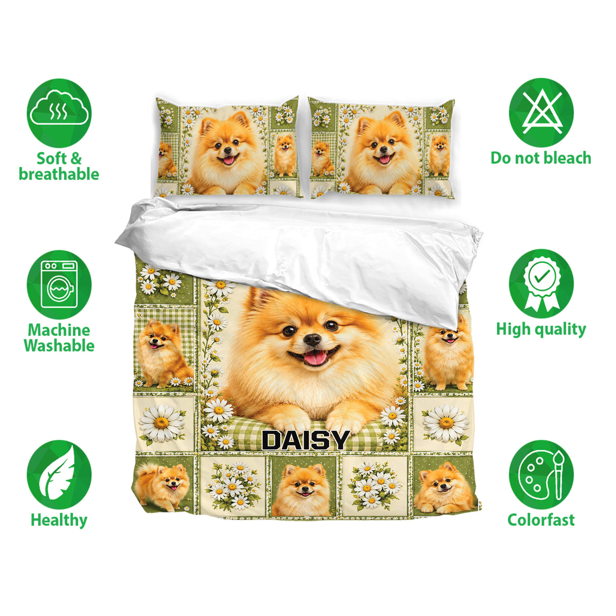 Pomeranian bedding set shown with matching pillowcases, daisy artwork, green accents, and soft breathable fabric icons