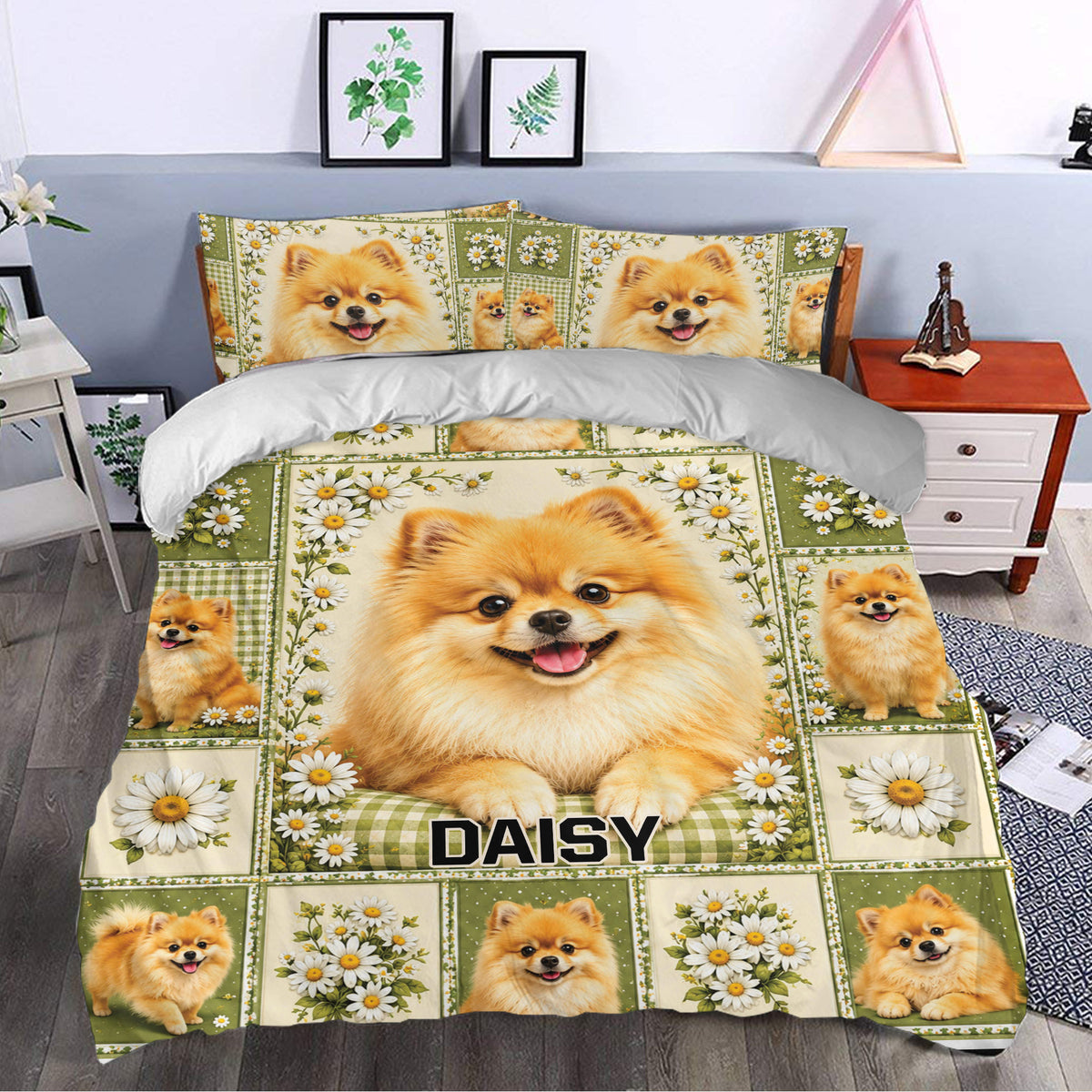 Pomeranian duvet cover styled in a bedroom with a large dog portrait, white daisies, and green gingham details