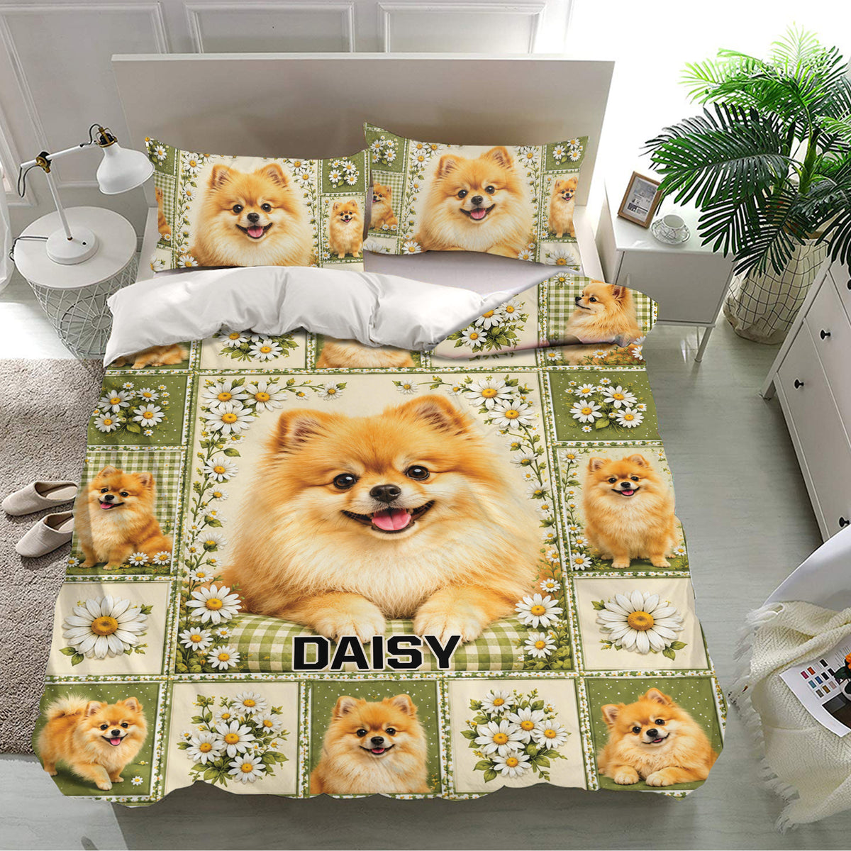 Pomeranian bedding set displayed in a bright bedroom with matching pillowcases, floral panels, and playful dog portraits