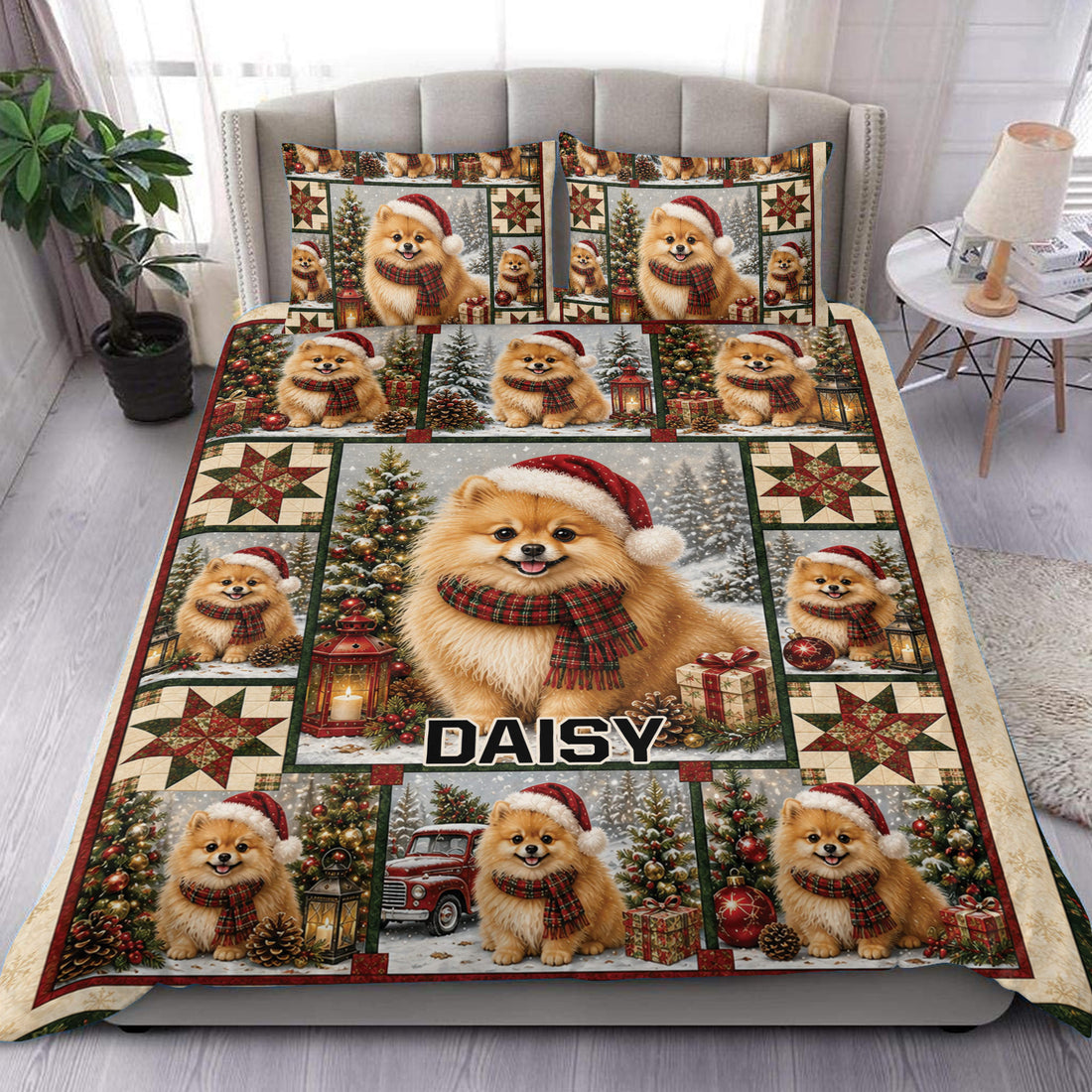 Pomeranian Christmas duvet cover bedding set displayed on a bedroom with festive dogs, trees, gifts, and stars
