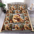 Pomeranian Christmas duvet cover bedding set displayed on a bedroom with festive dogs, trees, gifts, and stars