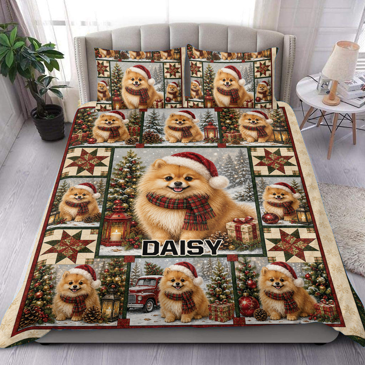 Pomeranian Christmas duvet cover bedding set displayed on a bedroom with festive dogs, trees, gifts, and stars