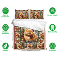 Pomeranian Christmas duvet cover set shown with matching printed pillows and festive bedroom artwork