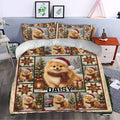 Pomeranian Christmas duvet cover styled on a bed with festive dog scenes, trees, gifts, and patchwork stars