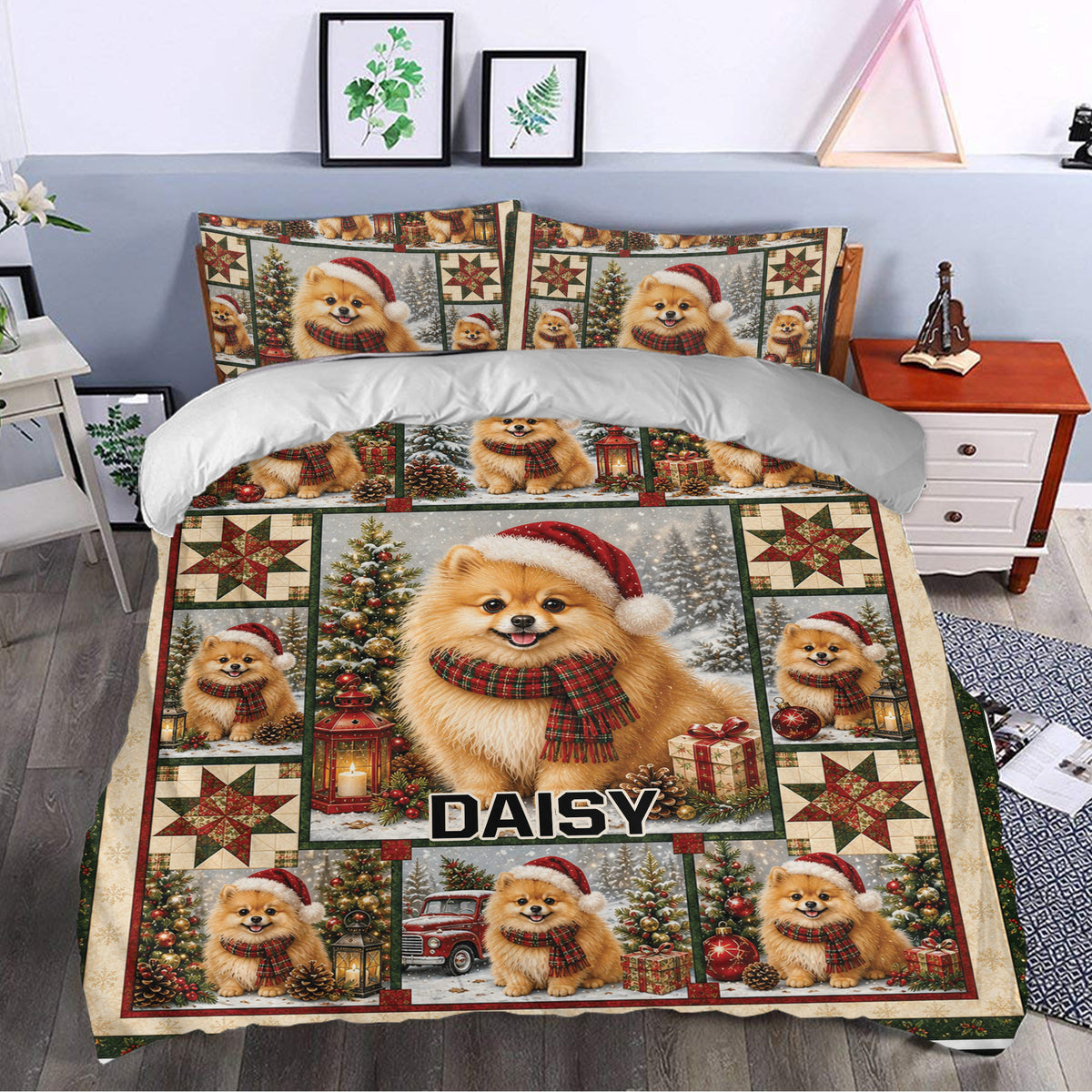 Pomeranian Christmas duvet cover styled on a bed with festive dog scenes, trees, gifts, and patchwork stars