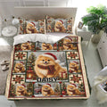 Pomeranian Christmas bedding set displayed in a bright bedroom with matching pillows and holiday dog artwork