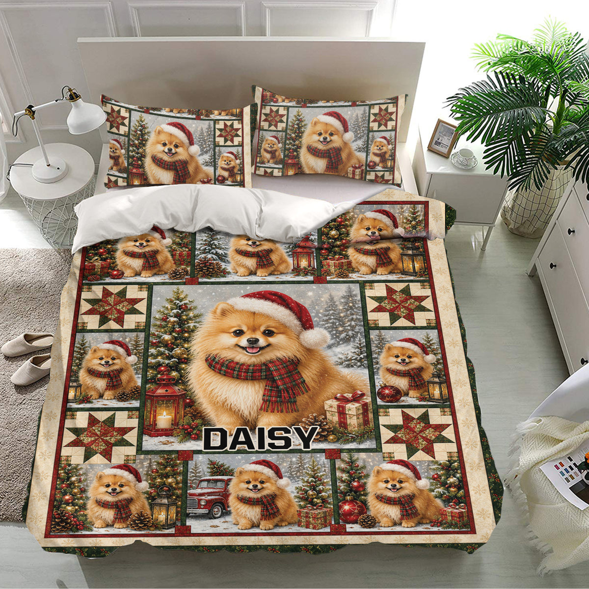 Pomeranian Christmas bedding set displayed in a bright bedroom with matching pillows and holiday dog artwork